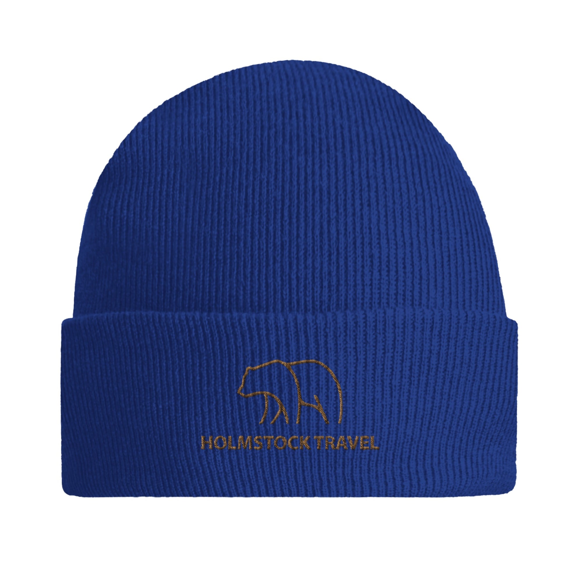 Blue - Hoogwaardige, warme beanie van Holmstock Travel met het Bear Logo. Een prima must voor in de herfst en de winter. Outdoor kleding merchandise van Holmstock Travel reisbureau.