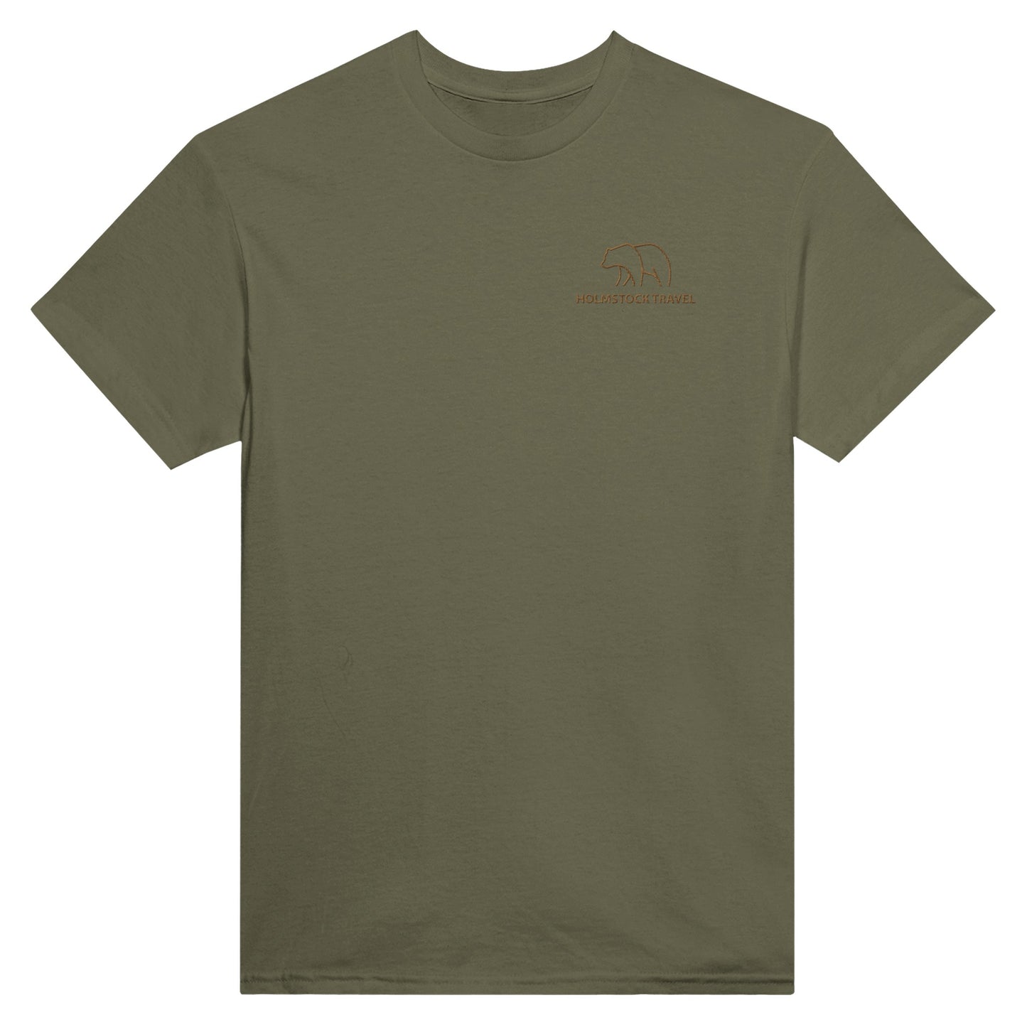 Olijfgroen - Outdoor t-shirt van Holmstock Collectie - met geborduurd BEAR logo op de borst. Kwaliteitskleding merchandise van Holmstock Travel.