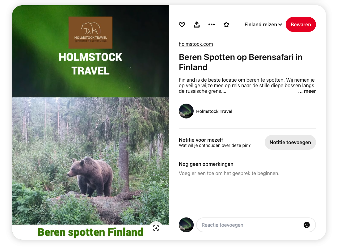 Pinterest post over de berensafari Finland alwaar we gaan beren spotten met onze gasten. Boek deze reis als selfdrive of als groepsreis.