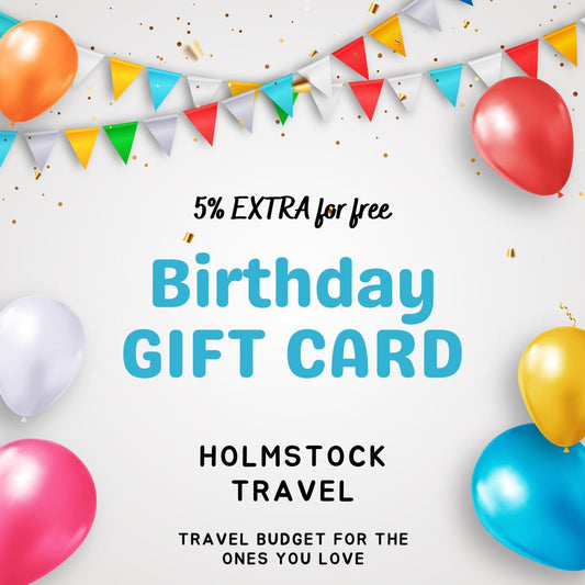 Birthday gift card - de geschenkbon reischeque voor je verjaardag. Ontvang 5% extra tegoed van Holmstock Travel voor je verjaardag. Vraag naar de voorwaarden. Wij wensen je alvast een fijne verjaardag! Cadeautip - Kado tip - geschenk idee cadeau verjaardagscadeau verjaardagskado travel budget for your loved ones.