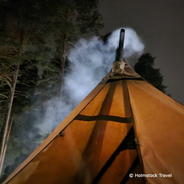 Tentipi Safir CP9 plus the Eldfjell stove. The hot pipe and the smoke. Heat your Tentipi and cook in your tipi for good comfort. Suitable for temperatures up to minus 30 degrees C.