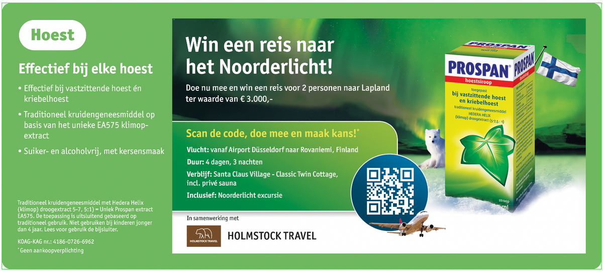 Advertentie van de Prospan en Kruidvat winactie voor een exclusieve noorderlichtreis naar Lapland met Holmstock Travel.